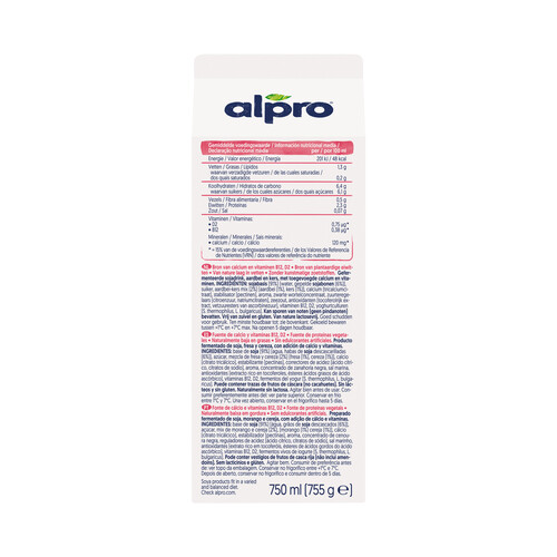 ALPRO Preparado fermentado de soja para beber, con fresa y cereza 750 ml.