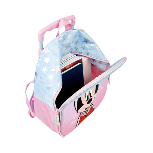 Mochila 3D con ruedas trolley, MINNIE, color rosa y azul, ALCAMPO.