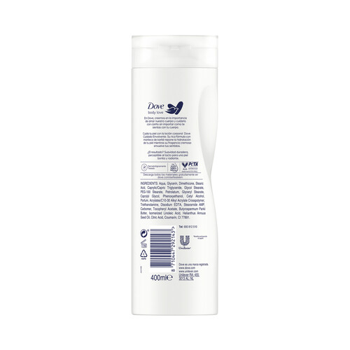 DOVE Loción corporal nutritiva con manteca de karité y fragancia a vainilla, para piel seca DOVE Cuidado envolvente 400 ml.