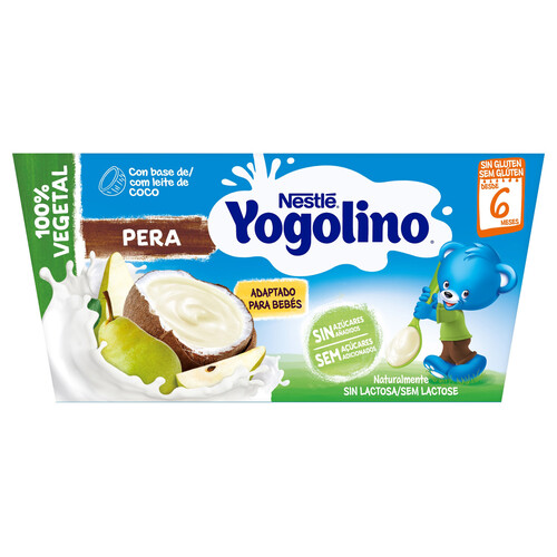 YOGOLINO de Nestlé Postre 100% vegetal con coco y pera, adapatado para bebés a partir de 6 meses 4 x 90 g.