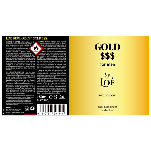 LOÉ Gold $$$ Desodorante en spray para hombre con protección antitranspirante 150 ml.