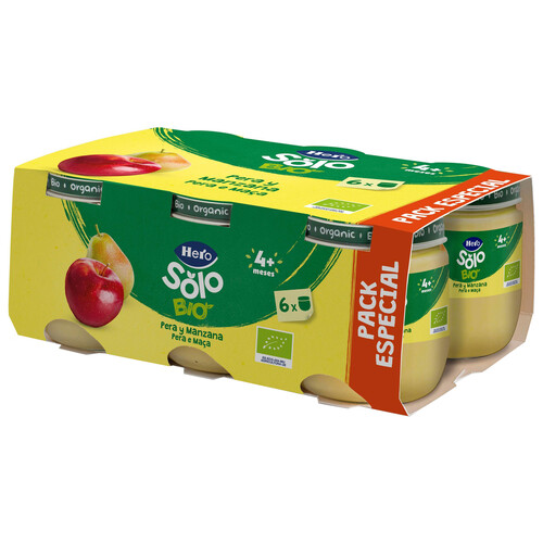 HERO Solo Bio Tarritos de fruta (pera y manzana) ecológica, a partir de 4 meses 6 x 120 g