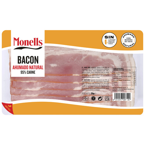 MONELLS Bacon cocido y ahumado natural sin gluten ni lacotosa, cortado en lonchas 110 g.