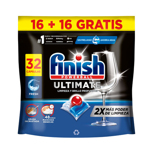 FINISH Ultimate Detergente en pastillas para lavavajillas,, para una limpieza y brillo profundos 32 uds.