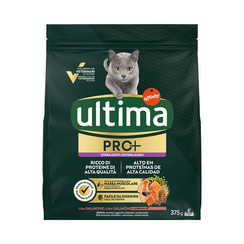 ULTIMA Pro+ Alimentación para gatos esterilizados, con salmón, alto en proteínas y sin azúcares añadidos, 375 g.