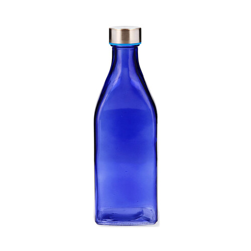Botella de vidrio con capacidad de 1l, de color azul.