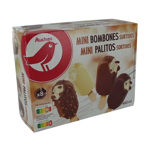 AUCHAN Minibombón helado de chocolate blanco, con leche, negro y almendrado 8 x 60 ml. Producto Alcampo