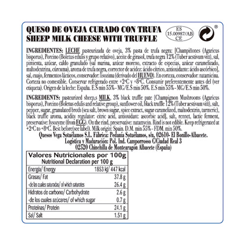 VEGA  SOTUELAMOS Cuña de queso de oveja con trufa 1/8