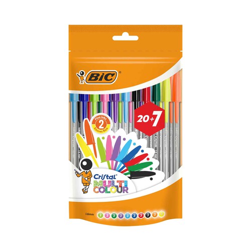 Pack de 27 bolígrafos con tinta de varios colores, BIC CRISTAL.