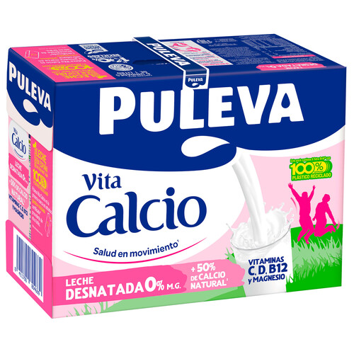 PULEVA Leche desnatada (0% materia grasa) de vaca, con un 50% más de calcio natural  Vita calcio 6 x 1l.