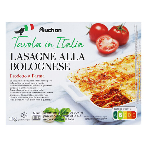 AUCHAN Tavala in Italia lasaña boloñesa 1 kg. Producto Alcampo.