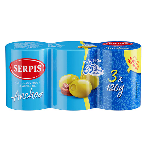 SERPIS Aceitunas verdes rellenas de anchoas (35% menos de sal) lata 3 x 50 g.