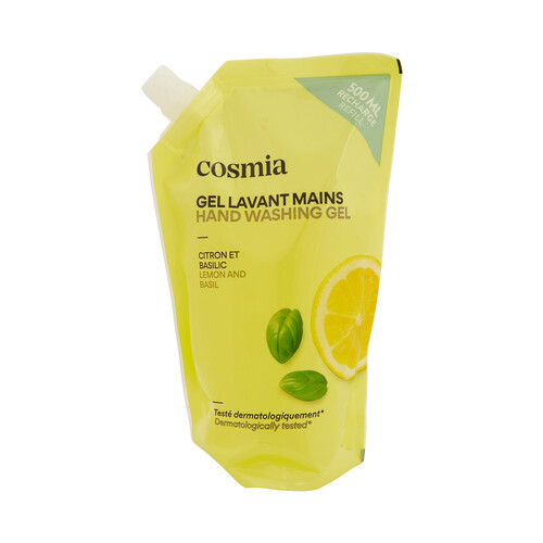 COSMIA Recambio de jabón (gel) de manos líquido, con aroma a limón y albahaca 500 ml.