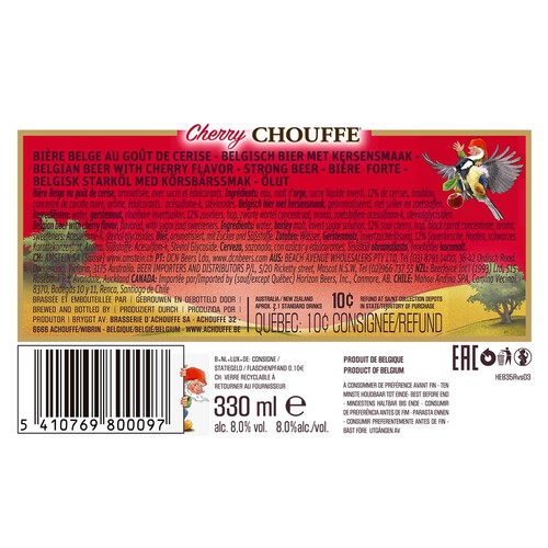 CHOUFFE Cherry Cerveza  con sabor a cereza en botella 33 cl 