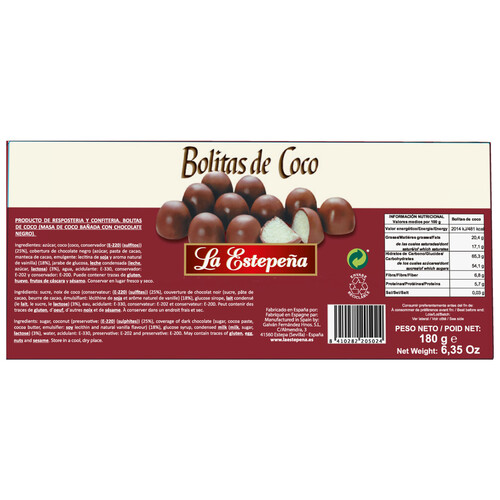 LA ESTEPEÑA Bolitas  de coco recubiertas de chocolate 180 g.