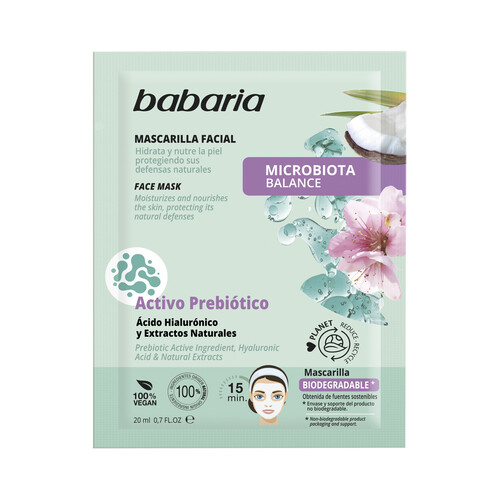 BABARIA Microbiota balance.Mascarilla facial biodegradable, nutritiva e hidratante