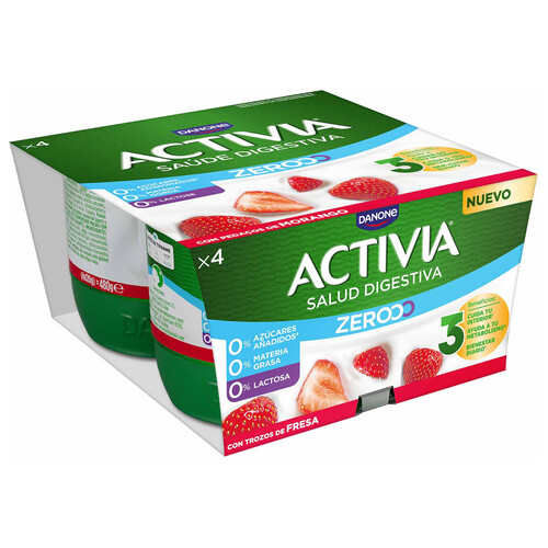 ACTIVIA Triple zero de Danone Bífidus desnatado (0% materia grasa), sin lactosa y con trocitos de fresa 4 x 120 g.