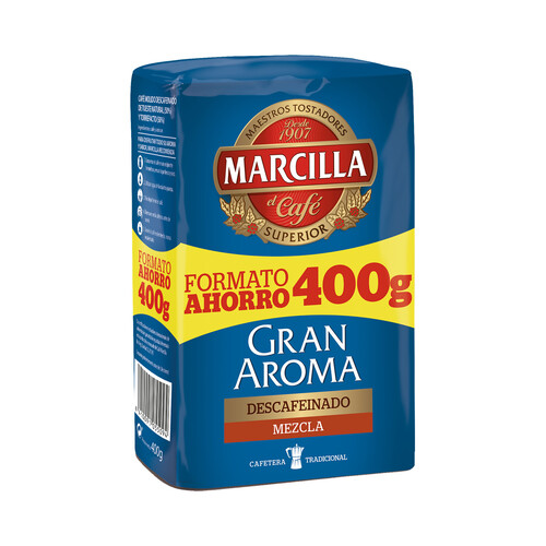 Café molido descafeinado de tueste natural (50%) y torrefacto (50%) MARCILLA 400 g.