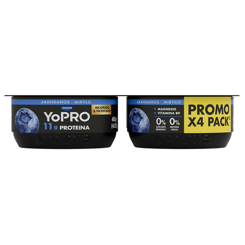 YOPRO de Danone Leche fermentada con arándanos, rico en proteínas y sin azúcares añadidos ni grasa 4 x 120 g.