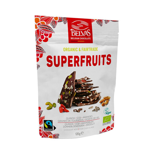 BELVAS Chocolate negro ecológico con quinoa, goji, almendras y pepitas de girasol 120 g.