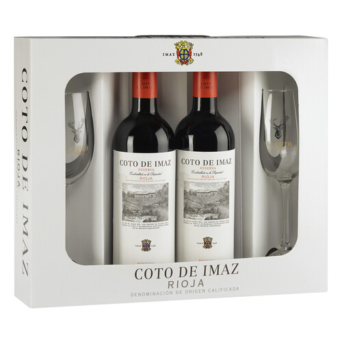 COTO DE IMAZ  Estuche con 2 botellas de vino tinto reserva con denominación origen calificada Rioja + 2 copas.