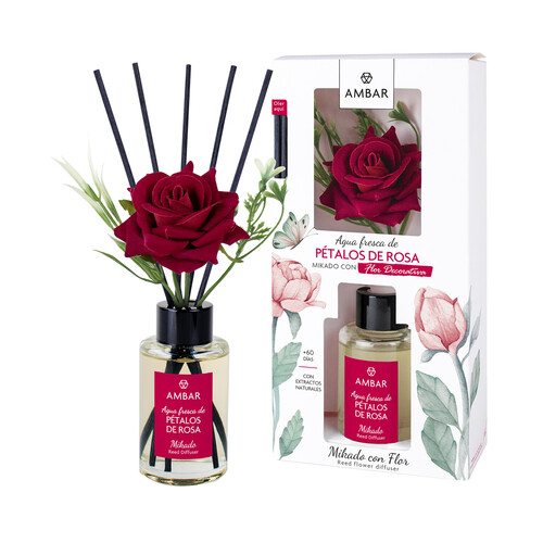 AMBAR Ambientador perfumador de varillas con flor (Mikado), con aroma a pétalos de rosa 75 ml.