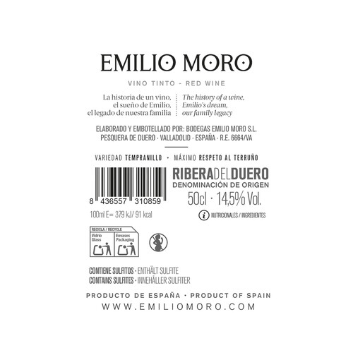 EMILIO MORO Vino tinto con D.O. Ribera del Duero botella 50 cl.