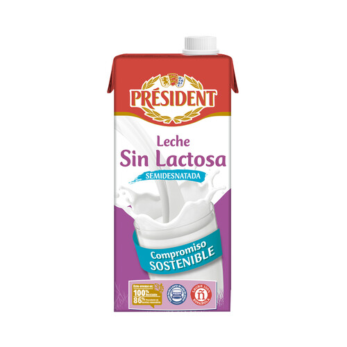 PRESIDENT Leche de vaca semidesnatada y sin lactosa de origen 100% española  1 l.