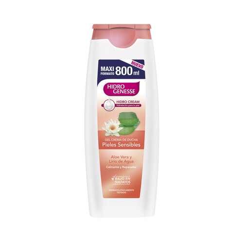 HIDRO GENESSE Gel de baño o ducha con textura crema, con aloe vera y lirio de agua, ideal para pieles sensibles 800 ml.