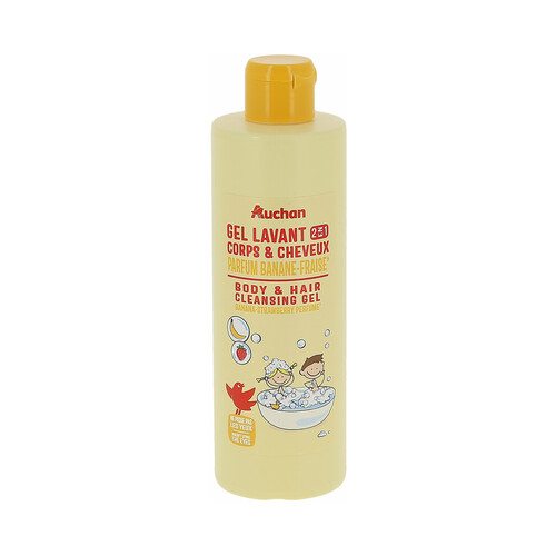 PRODUCTO ALCAMPO Gel y champú infantil para cuerpo y cabello con aroma a plátano y fresa 250 ml.