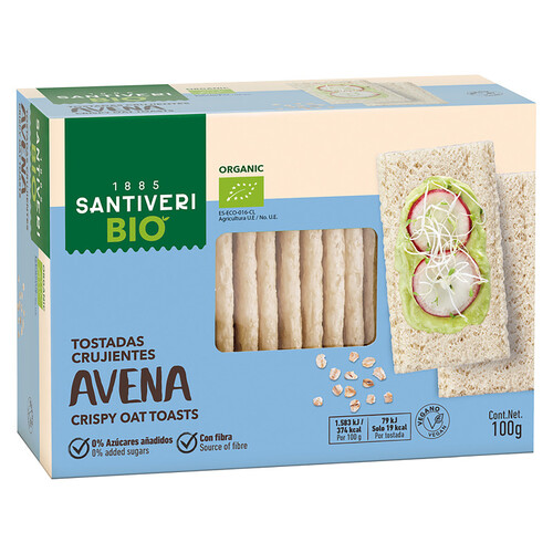 SANTIVERI Tostadas ligeras de avena ecológicas SANTIVERI BIO, 100 g.