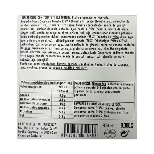 BO DE DEBÓ Macarraones con tomate y albóndigas mixtas (cerdo-vacuno) 300 g.