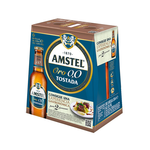 AMSTEL Oro Cerveza sin alcohol 0,0% tostadas pack de botellines 6x25 cl.