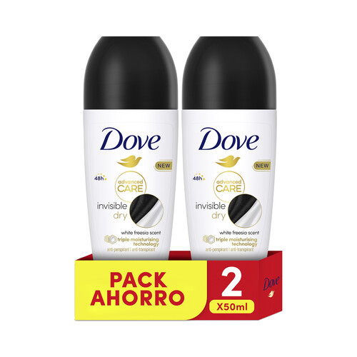 DOVE Desodorante roll on para mujer que no deja manchas en nuestra ropa DOVE Advanced care invisible dry 2 x 50 ml.
