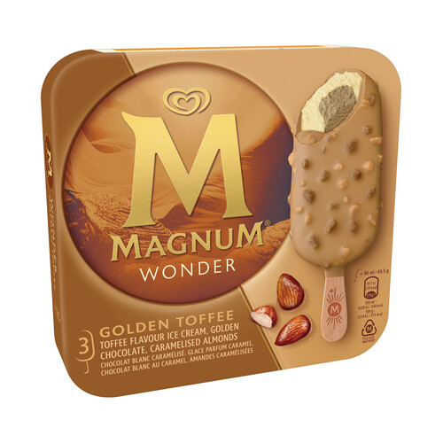 MAGNUM Wonder Bonbón helado de nata con interior de datiles y caramelo, recubierto de chocolate blanco con caramelo 3 x 90 ml.