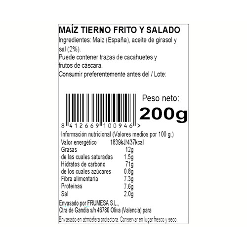 FRUMESA Maíz frito tierno sd 200 g.