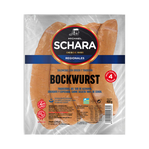 Salchichas cocidas y ahumadas tipo Bockwurst SCHARA 4 x 100 g.