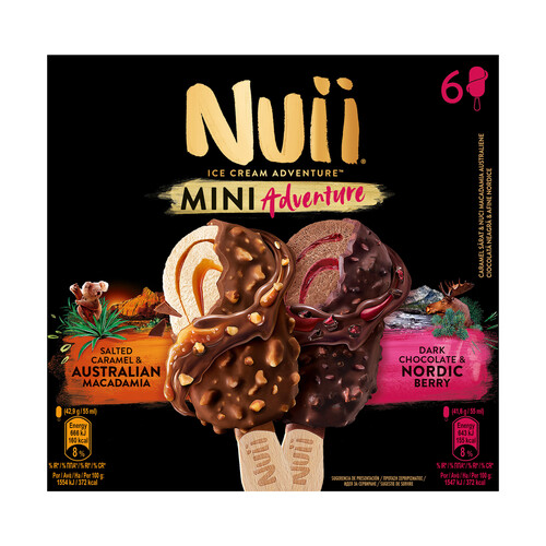 NUII Mini helados de caramelo con nueces Macadamia (3) y de arándanos nórdicos (3), recubiertos de chocolate 6 x 55 ml.