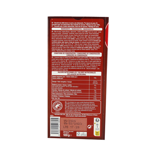 PRODUCTO ALCAMPO Chocolate negro (70%) sin azúcares añadidos tableta de 100 g.