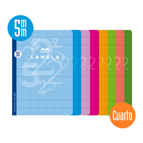 Cuaderno de grapa tamaño cuarto. 50 hojas. Cuadrovía de 5 mm., 8 colores surtidos. EDITORIAL LAMELA.