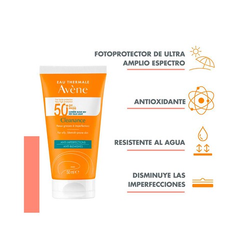 THERMALE AVÉNE Cleanance Protector solar con FPS 50+ (muy alto), para pieles grasa con imperfecciones 50 ml.