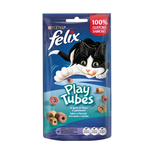FELIX Snacks para gatos sabor a pescado horneado y gambas, Play Tubes PURINA FÉLIX 50 g.