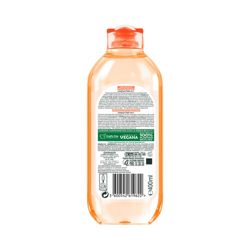 GARNIER Skin active Agua micelar todo en 1 efecto peeling suave, para todo tipo de pieles 400 ml.