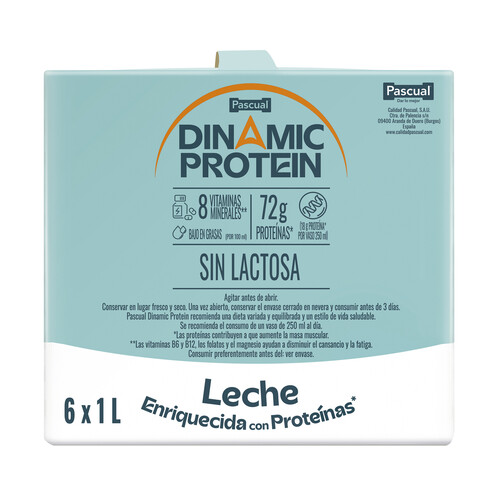 PASCUAL Dinamic protein Leche sin lactosa enriquecida con proteínas y 8 vitaminas y minerales 6 x 1 l.