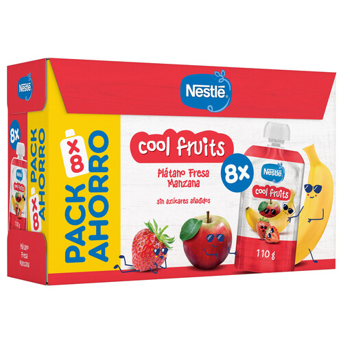 NESLTÉ Cool fruits Bositas (pouch) fruta (plátano, fresa y manzana, a partir 6 meses 8 x 110 g.