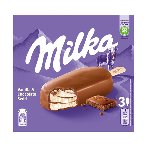 MILKA Helado de vainilla con chocolate con leche (leche proviniente de los Alpes) recubierto de chocolate con leche 3 x 90 ml.