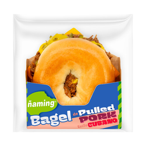 ÑAMING Bagel estilo cubano con pulled pork (carne cerdo marinada asada) 180 g.