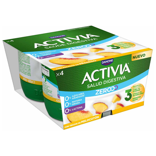 ACTIVIA Triple zero de Danone Bífidus desnatado (0% materia grasa), sin lactosa y con trocitos de melocotón 4 x 120 g.