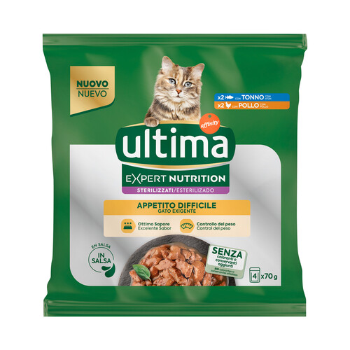 ULTIMA Expert nutrition Alimento para gatos adultos esterilizados (1-10 años) con apetito dificil 4 x 70 g.