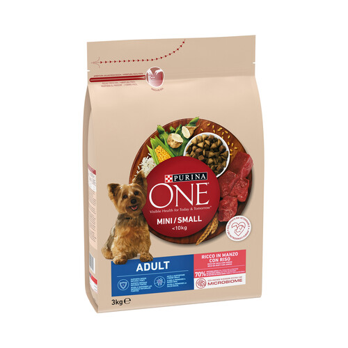 PURINA ONE Mini Comida para perros adultos de raza pequeña, rico en buey con arroz 3 kg.